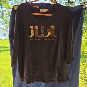 Quacker Factory Black Top with Colorful COWBOY Boot Design